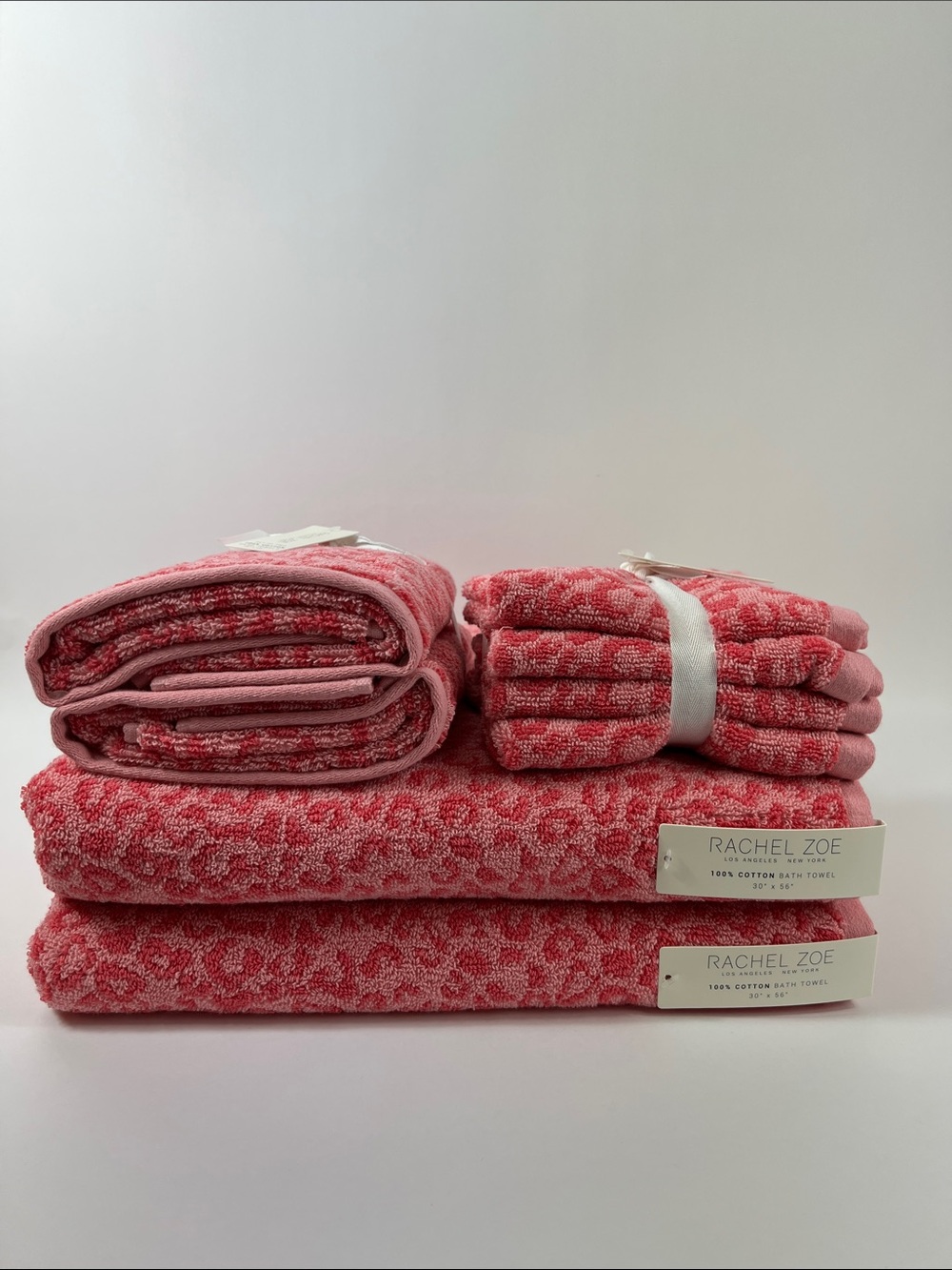 Rachel Zoe Bath Towel Set Pink Leopard Animal Print Soft 100% Cotton 8 Pc NEW